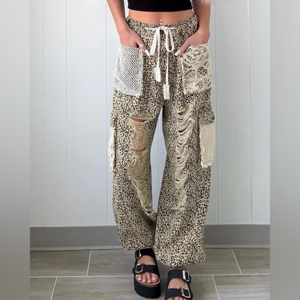 NWT POL Leopard Cheetah Animal Print Distressed Crochet Jogger Style Pants